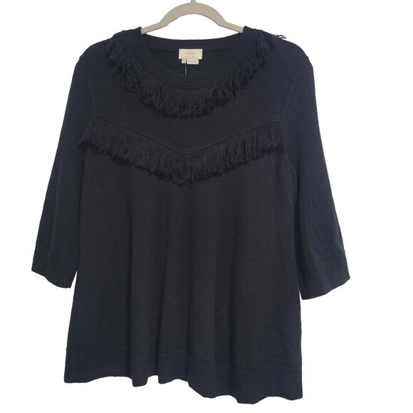 kate spade Tops - NWT Kate Spade Black NY Broome Fringe 3/4 Sleeve Pullover Sweater Size Medium